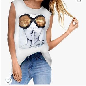 White sleeveless T-shirt with gold sequins